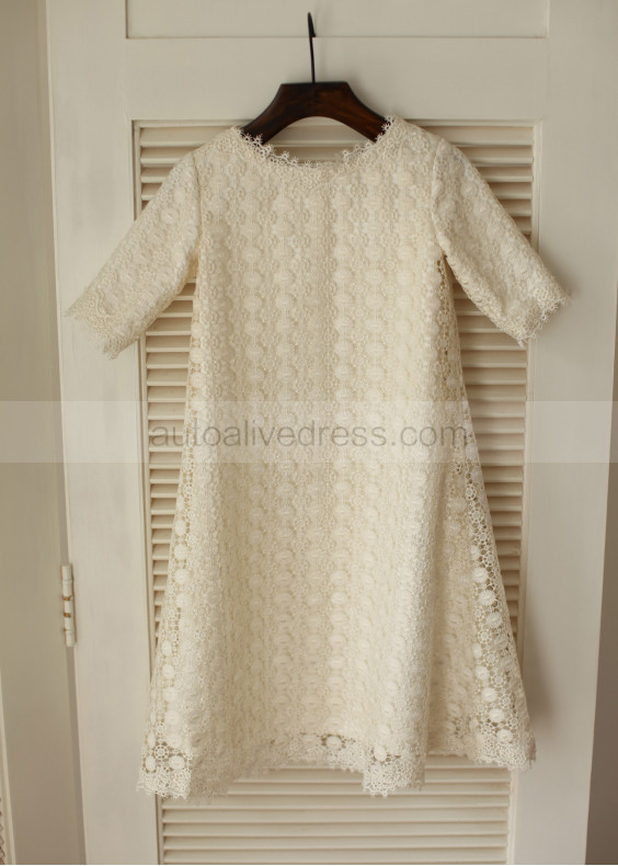 Ivory Lace Short Sleeves Knee Length Flower Girl Dress